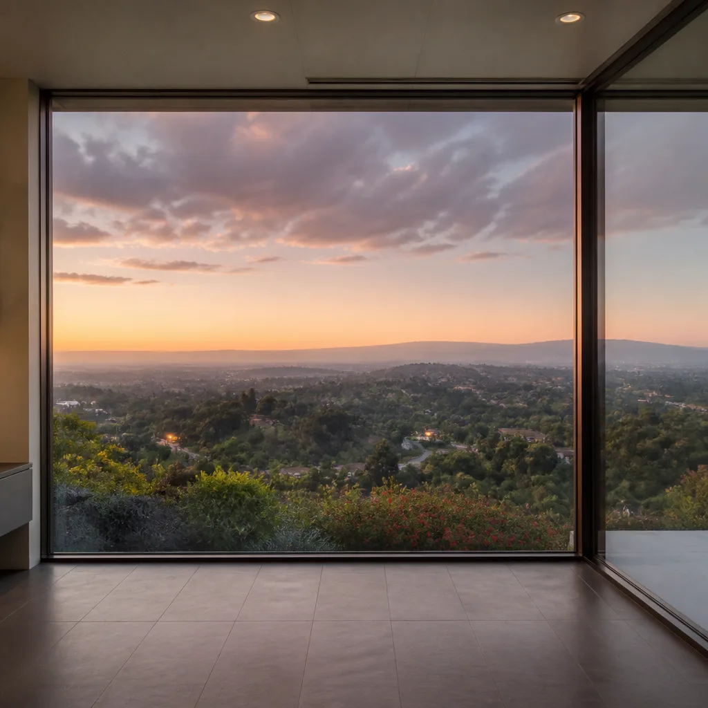 Modern floor-to-ceiling glass windows showcasing a scenic mountain sunset view. in Deerfield Beach, FL