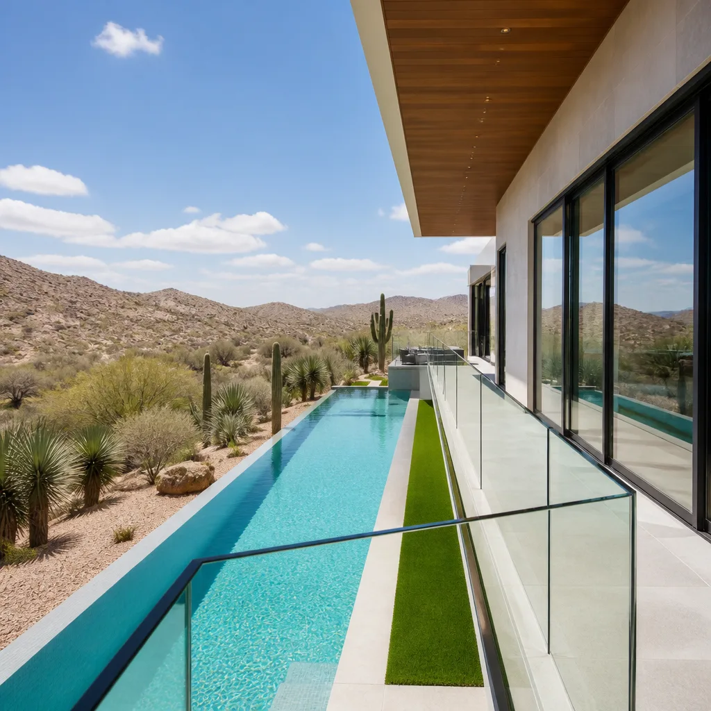 Modern frameless glass railing system installed on a luxury home terrace in North Lauderdale, FL