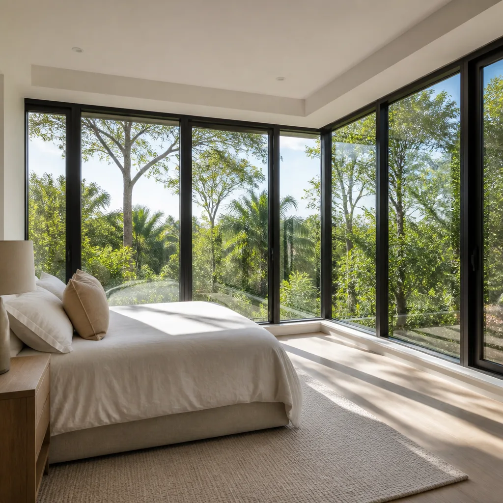 Modern bedroom featuring floor-to-ceiling panoramic windows with black frames