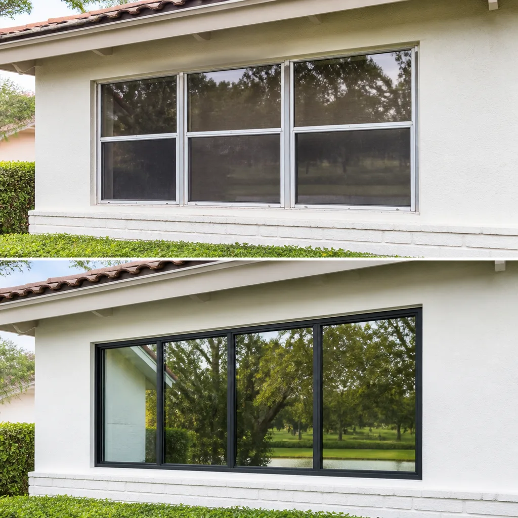 Residential window replacement comparison with old and new modern black windows.
