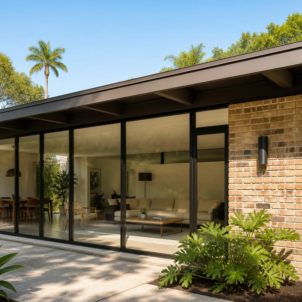 Modern home exterior with expansive glass sliding door replacement
